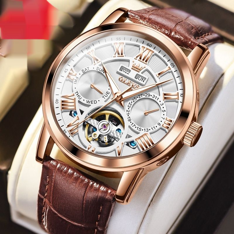 Reloj mecánico automático con esfera esqueletizada y correa de cuero marrón